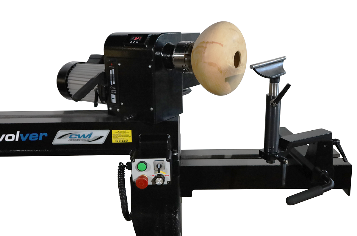 Rivolver 16" x 24" Vari-Speed Wood Lathe shown with optional bed extension & CWI-WLC3.75 Four Jaw 3.75” Lathe Chuck
