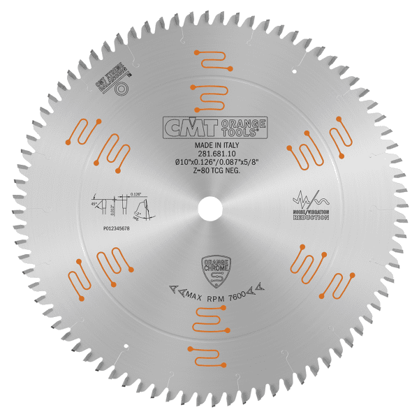 281.681.10 CMT Orange Chrome Double Sided Laminate/Melamine Blade 10" X T80 TCG NEG